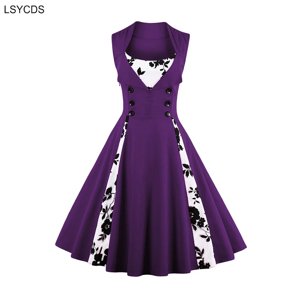 LSYCDS Women Cotton Dresses Floral Patchwork Summer Sleeveless Retro Dress Button High Waist Birthday Party S-XXXL Vintage Dress