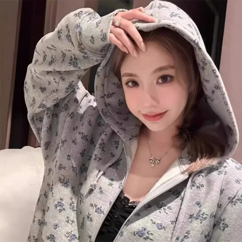 Light Gray Floral Print Hoodie Women Spring Autumn Loose Casual Drawstring Design Top Sweet Sle Pure Cotton Blend Zipper Closure