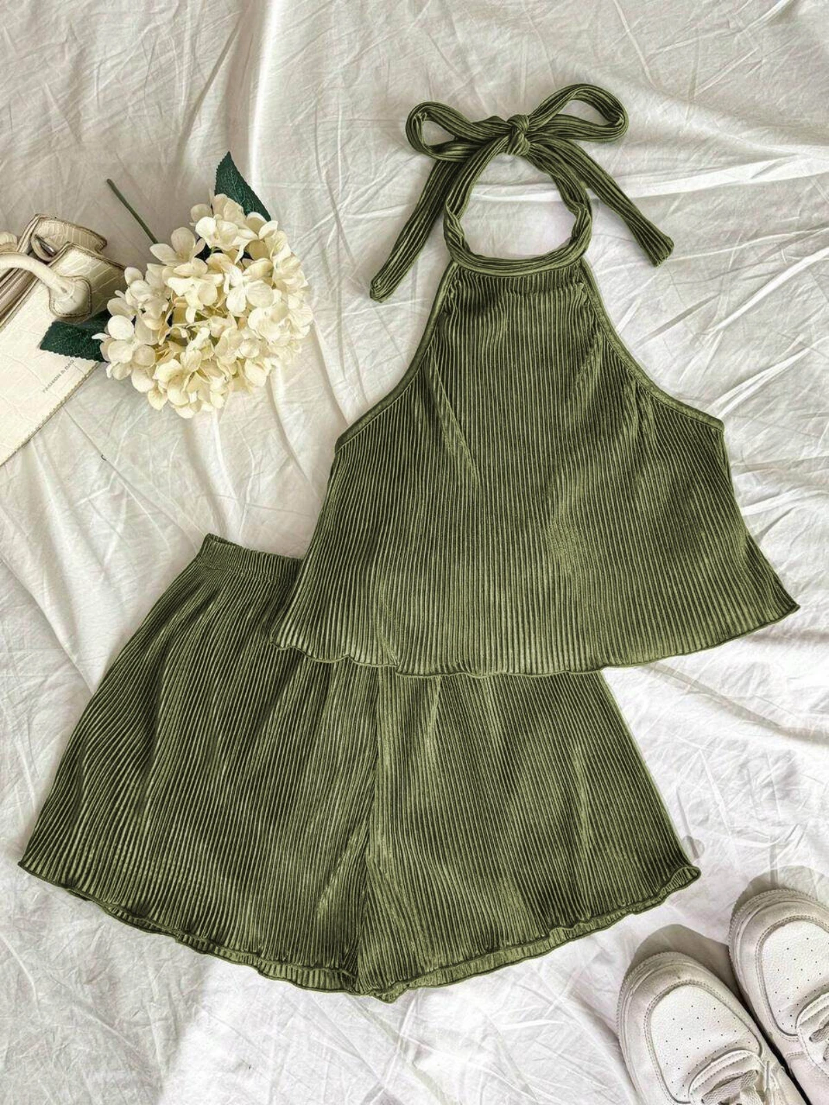 Women Pleated Halter Neck Top And High Waist Shorts Outfit For Summer Casual And Beach Occasion