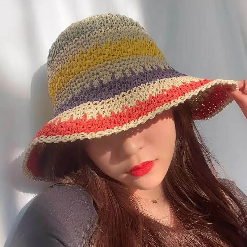 Chapeau de plage à rayures arc-en-ciel pour femme, casquette pliable au crochet, chapeau anderparent-enfant, casquette pare-soleil de plage pour