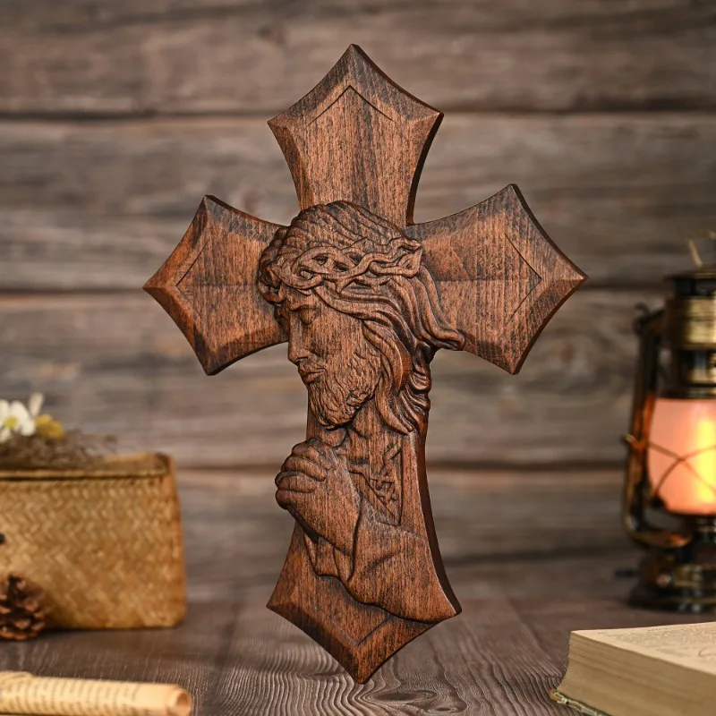 Religious Wooden Cross Hand-Carved Christian Jesus Praying Wall Wooden Sculpture for Home view 4
