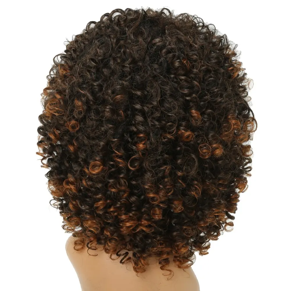 Peluca sintética rizada corta para mujeres negras con flequillo, gran hinchable, esponjosa, resistente al calor, suave, 2 tonos, Ombre, marrón oscuro