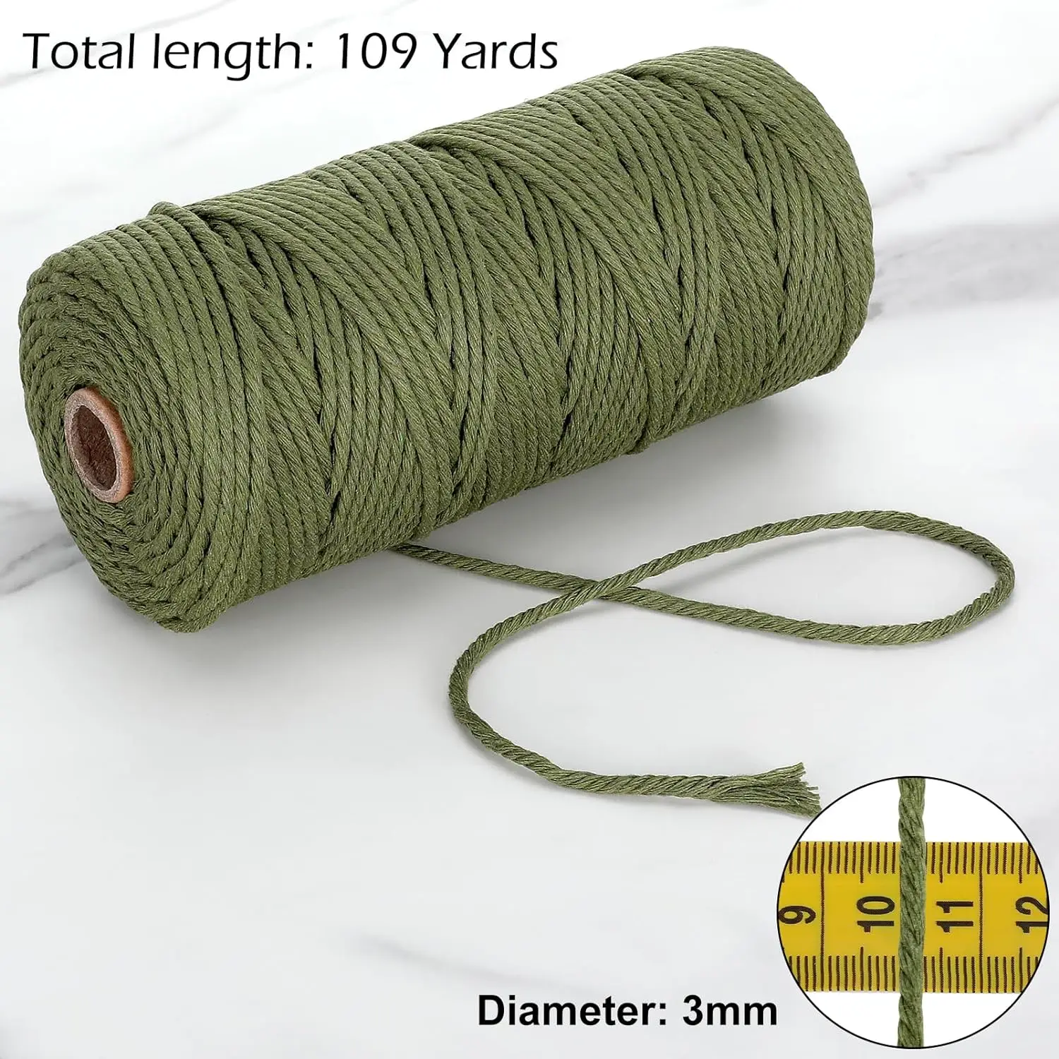 Immagine 3: Corda in macramè di cotone naturale 3mm 109/218Yards cordoncino in macramè verde militare per lavori a maglia fai da te appeso a parete decorazioni per la casa fatte a mano