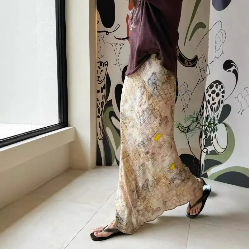Chinese Style Printed Midi Skirt with Elastic Waistband and Twill Pattern