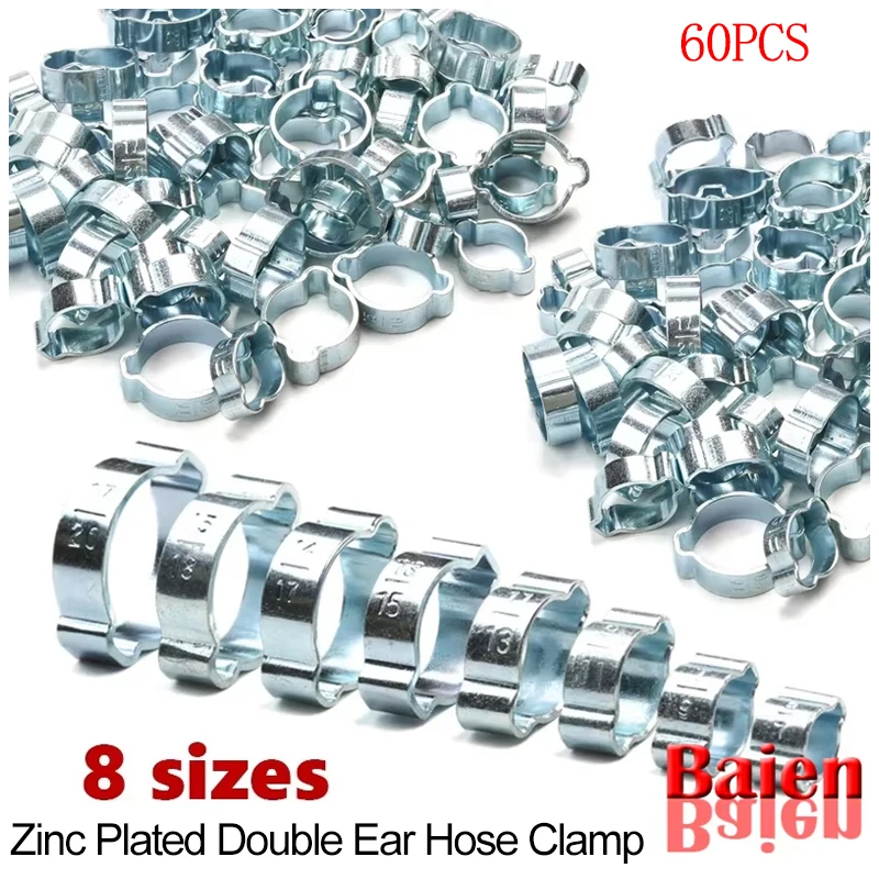 

60PCS Zinc Plated Double Ear Hose Clamp 5-7/7-9/9-11/11-13/13-15/14-17/15-18/17-20mm wood working clamps spring clip pipe clamp