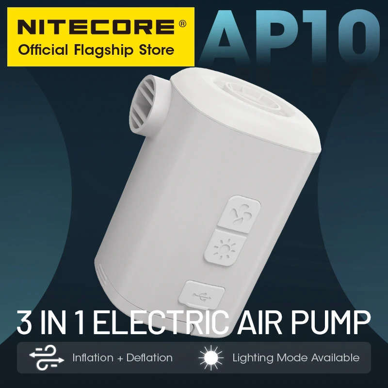 NITECORE AP10 3-in-1 Electric Air Pump 4.5 kPa Inflation Pump Deflation Compressor for Air Mattress Cushion Boat Swim Ring, Lamp