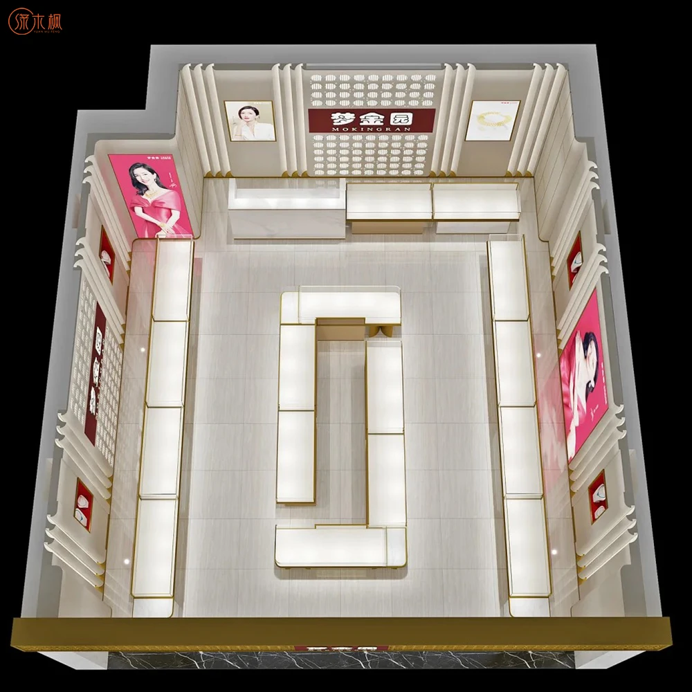 Gold Glass Jewelry Showcase Custom Stainless Steel Jewellery Shops Interior Design Images Factory