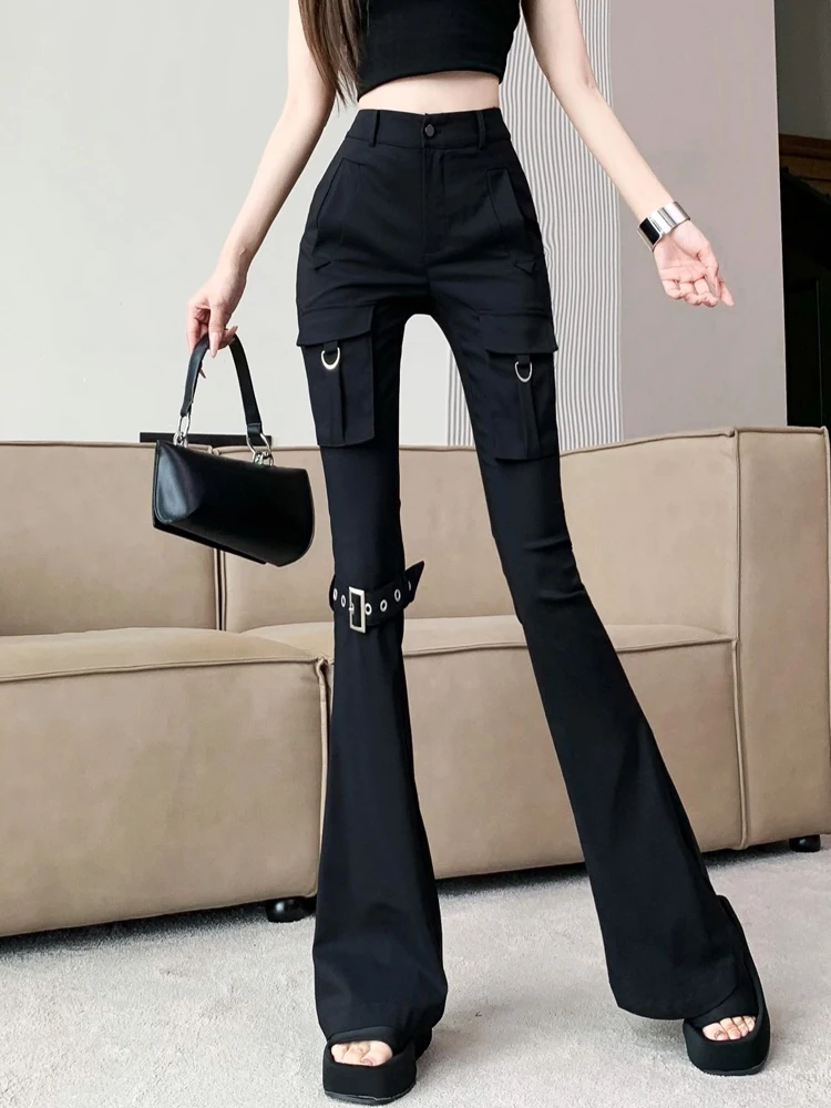 Fashion Punk Gothic Rivets Patchwork Cargo Pants Sexy High Waist Black Straight Long Trousers Metal Jeans Pants Streetwear