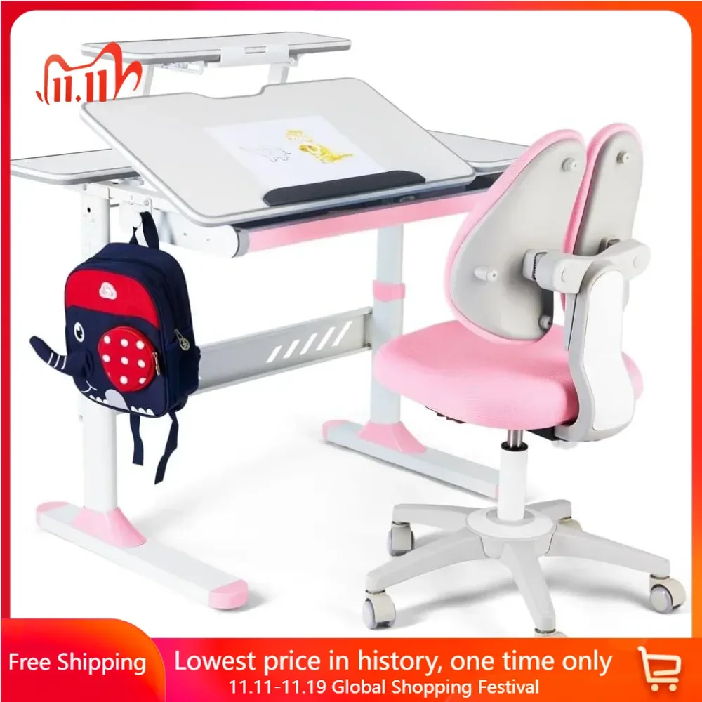 

Children's Desk and Chair, Adjustable Study Table, Ergonomic, with Large Writing Board Drawer Hutch, Desk and Chair Set