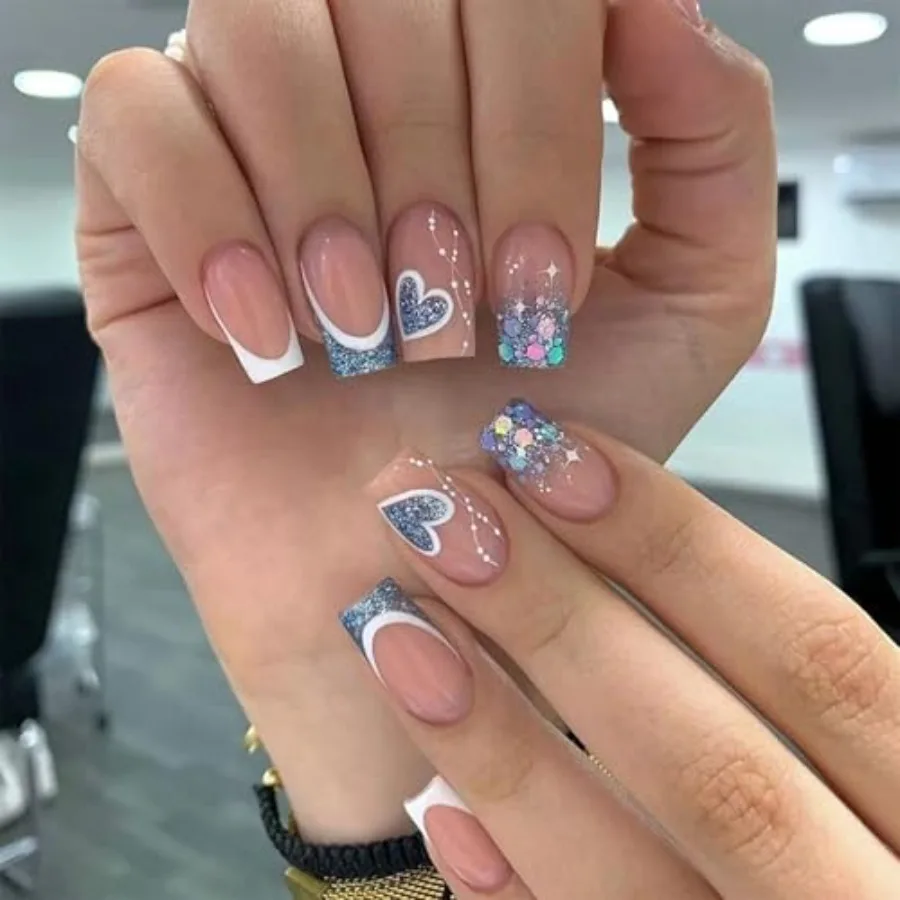 French Style Press On Nails Square White Tip with Blue Glitter Heart Pattern 24 Pieces 12 Sizes Medium Length