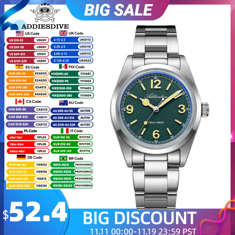 

ADDIESDIVE 36mm Quartz Watch Top Brand VH31 AR Coating 3D Scale Waterproof 100m Diving 316L Stainless Steel Business Watch Man