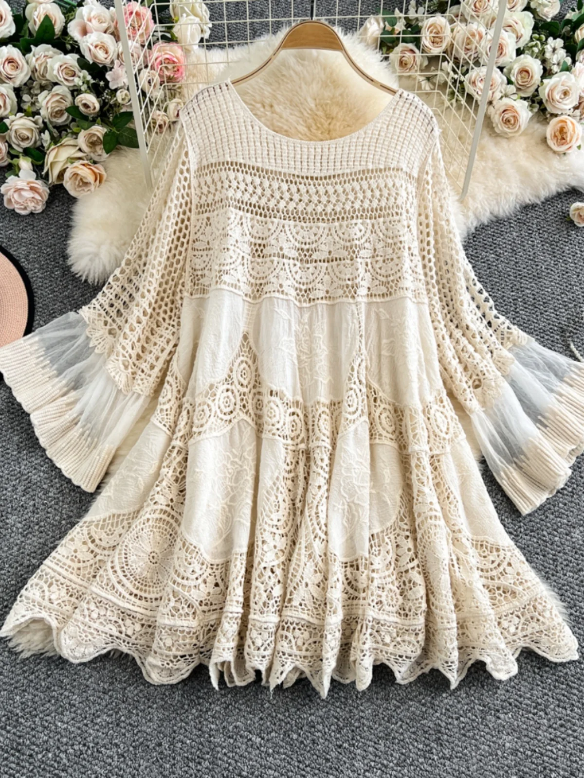 Vestido Midi F de Verão Estilo Boho Coreano com Tricô Solto, Design Vazado e Saia Evasê