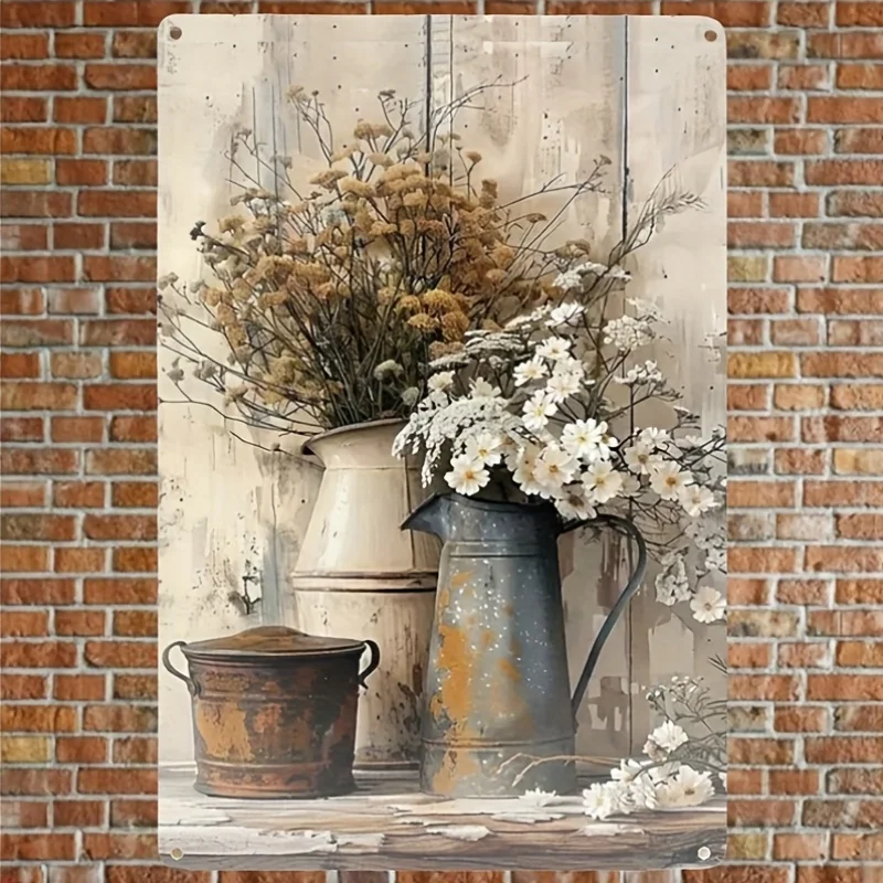 Vintage Floral and Rusty Tin Metal Sign - Decorative Iron Wall Hanging Board for Home Decoration, Waterproof and Windproof, Easy