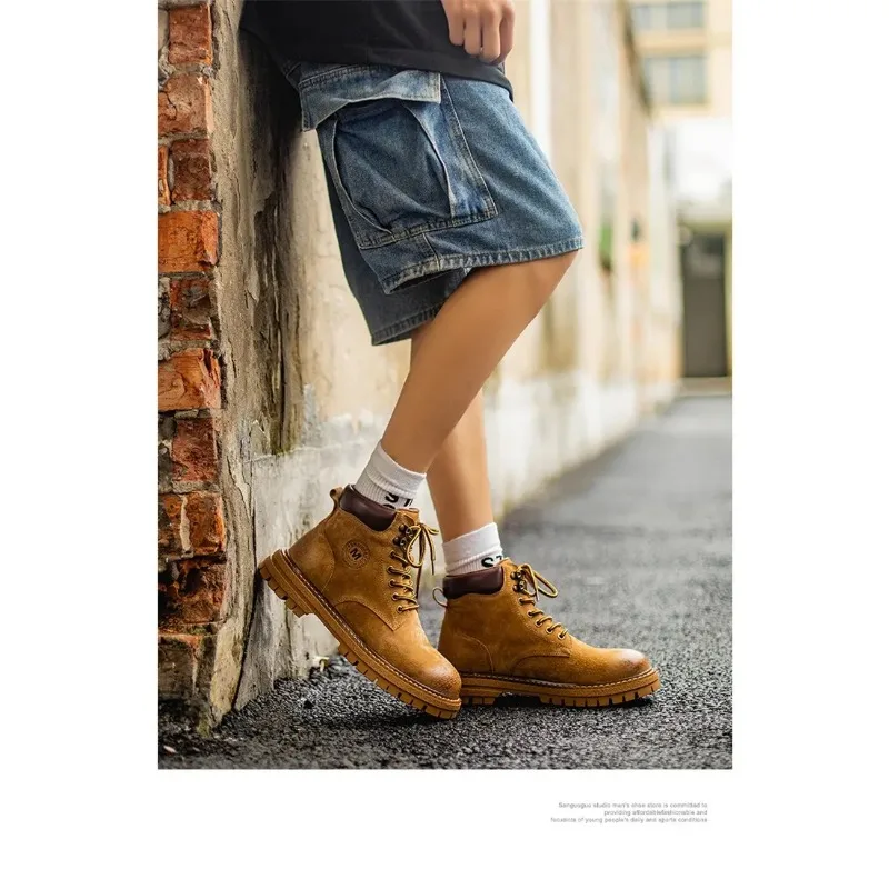 Мужские высокие ботинки, четырехсезонная уличная рабочая обувь, нескользящие и удобные желтые ботинки, модные повседневные кожаные ботинки в британском стиле