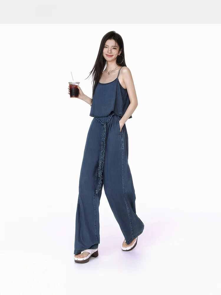 

Eptison Denim Overalls Women's Summer Loose Strap Top Straight Leg Jeans Jumpsuit High Waist Cotton Blend Fabric Street Style