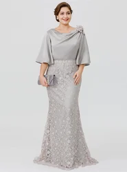 Silver Grey Stain Mother of the Bride Dress O-Neck 3/4 Sleeves Zipper Lace Plus Size Wedding Guest Evening Party Gowns Mermaid