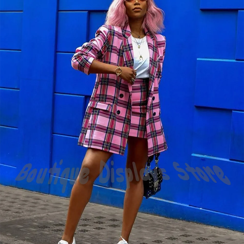 Classy Chic Women's Suit Fashion Commute Blazer Skirt Plaid Double Breasted Daily Life Streetwear Casual Outfit for Modern Lady