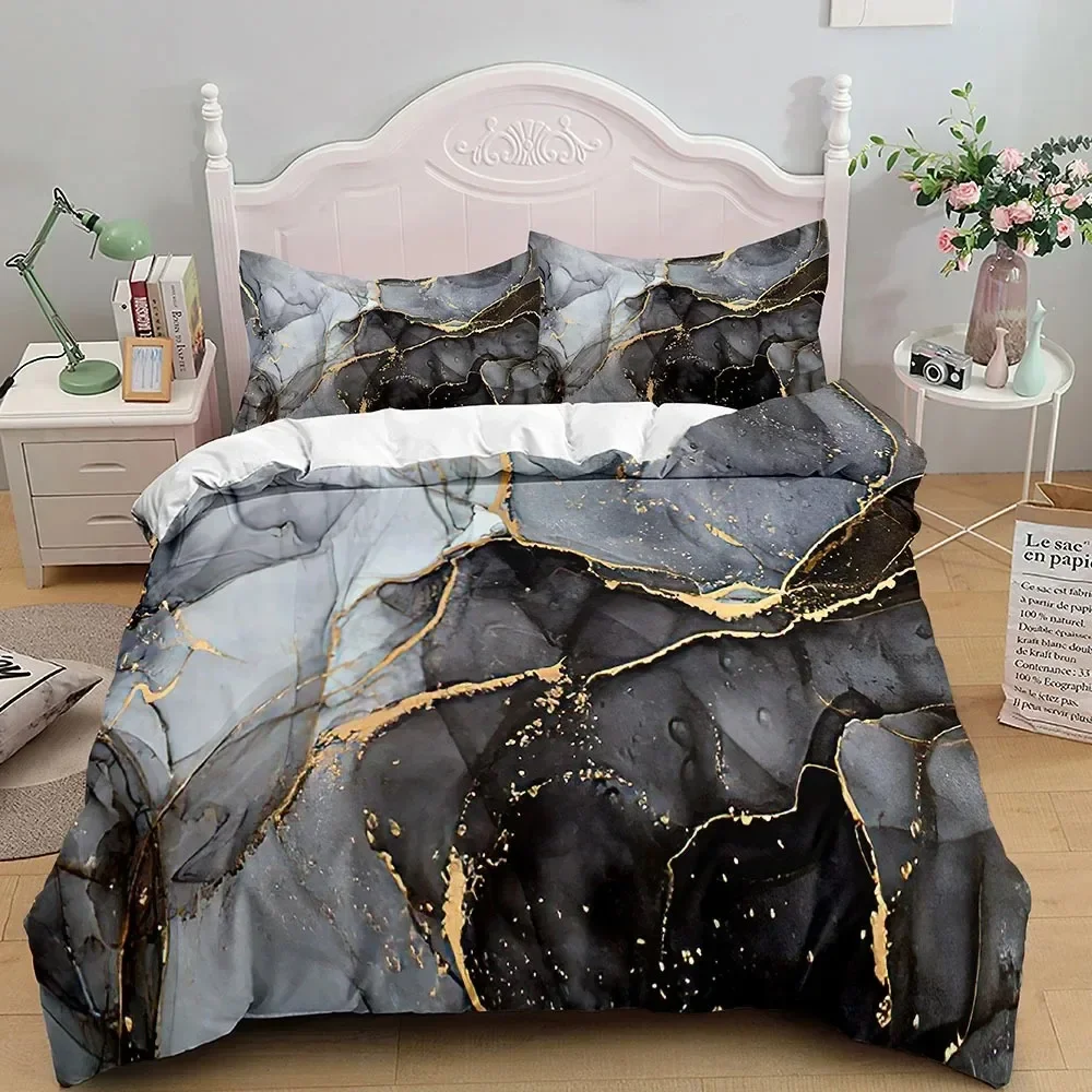 

Marble Bedding Set King_Queen Size,Grey Gold Marble Duvet Cover Men Adults Modern Abstract Art Tie Dye Gothic Soft Quilt Cover
