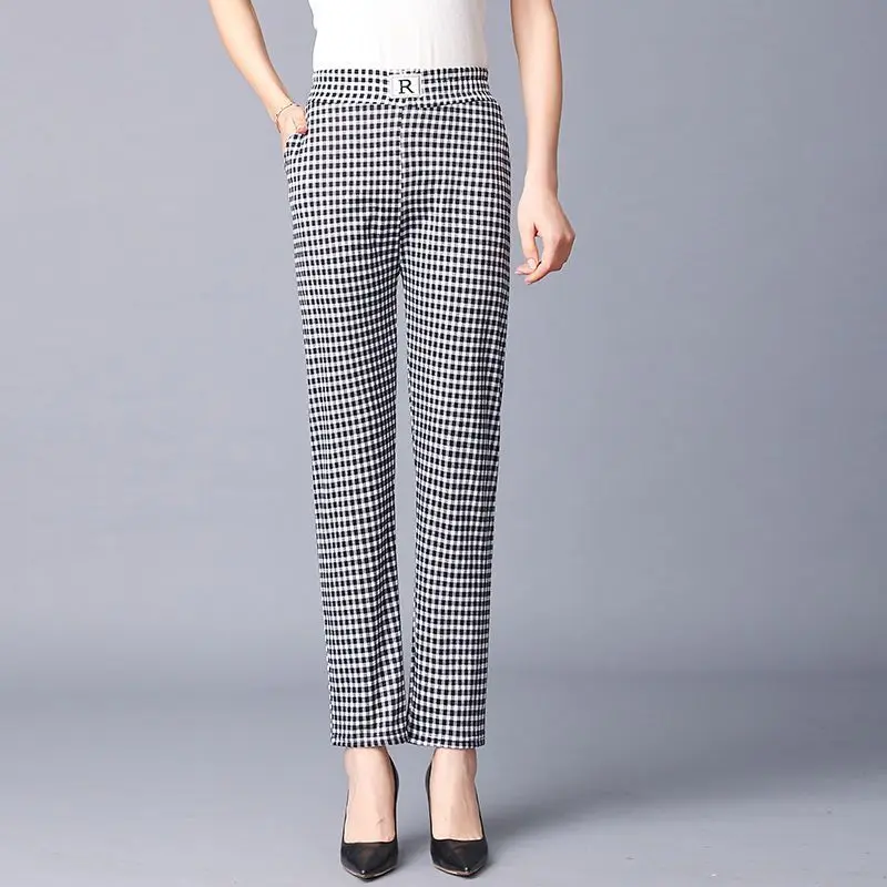 Mom Outfit Spring and Autumn New Stretch Straight-leg Pants Thin Commuter Plaid Pockets Splicing Leisure Versatile Cropped Pants