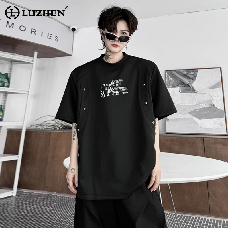 

LUZHEN Rivet Metal Decorate Personality Printed Design Trendy New Short Sleeved T Shirts Fashion Street Original Men Tops LZ2999