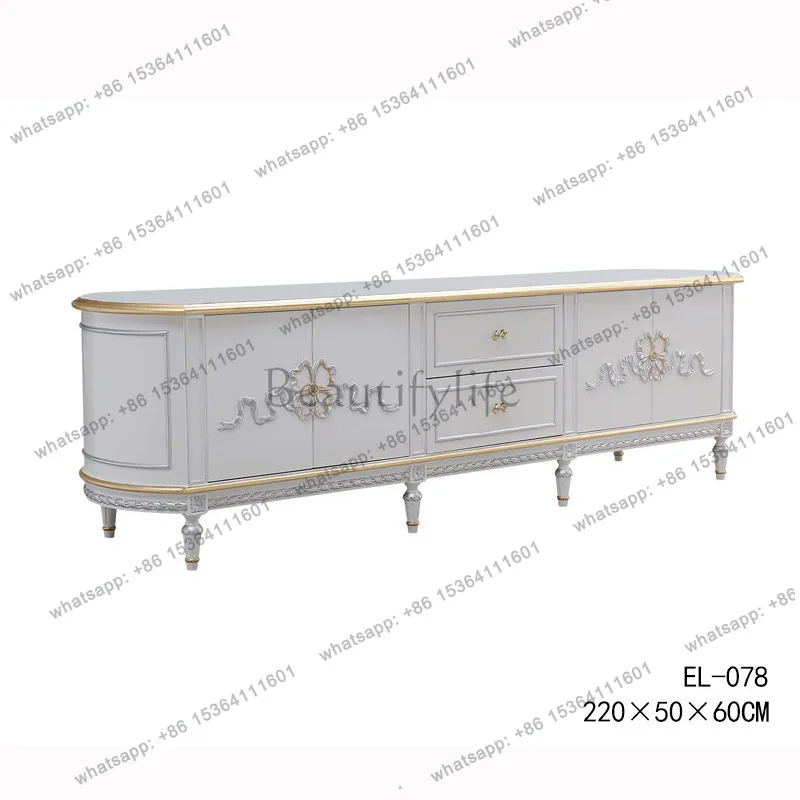 French small luxury birch carved ivory white gold living room TV cabinet European household floor cabinet