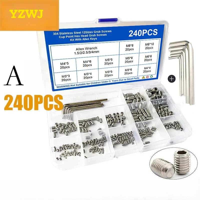 

Grub Screw set mixed M3 M4 M5 M6 M8 304 Stainless Steel Hex Socket Cup Point Set Screw Grub bolts mix Kit With Allen Keys for rc