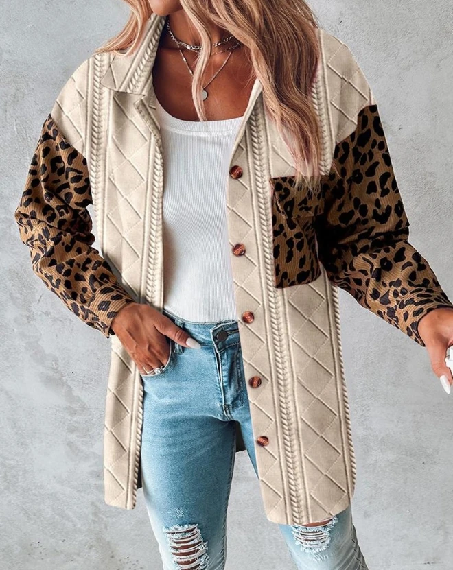 

Jackets for Women 2023 Autumn New Fashion Casual Single Breasted Colorblock Leopard Print Argyle Wheat Textured Shaket Y2K