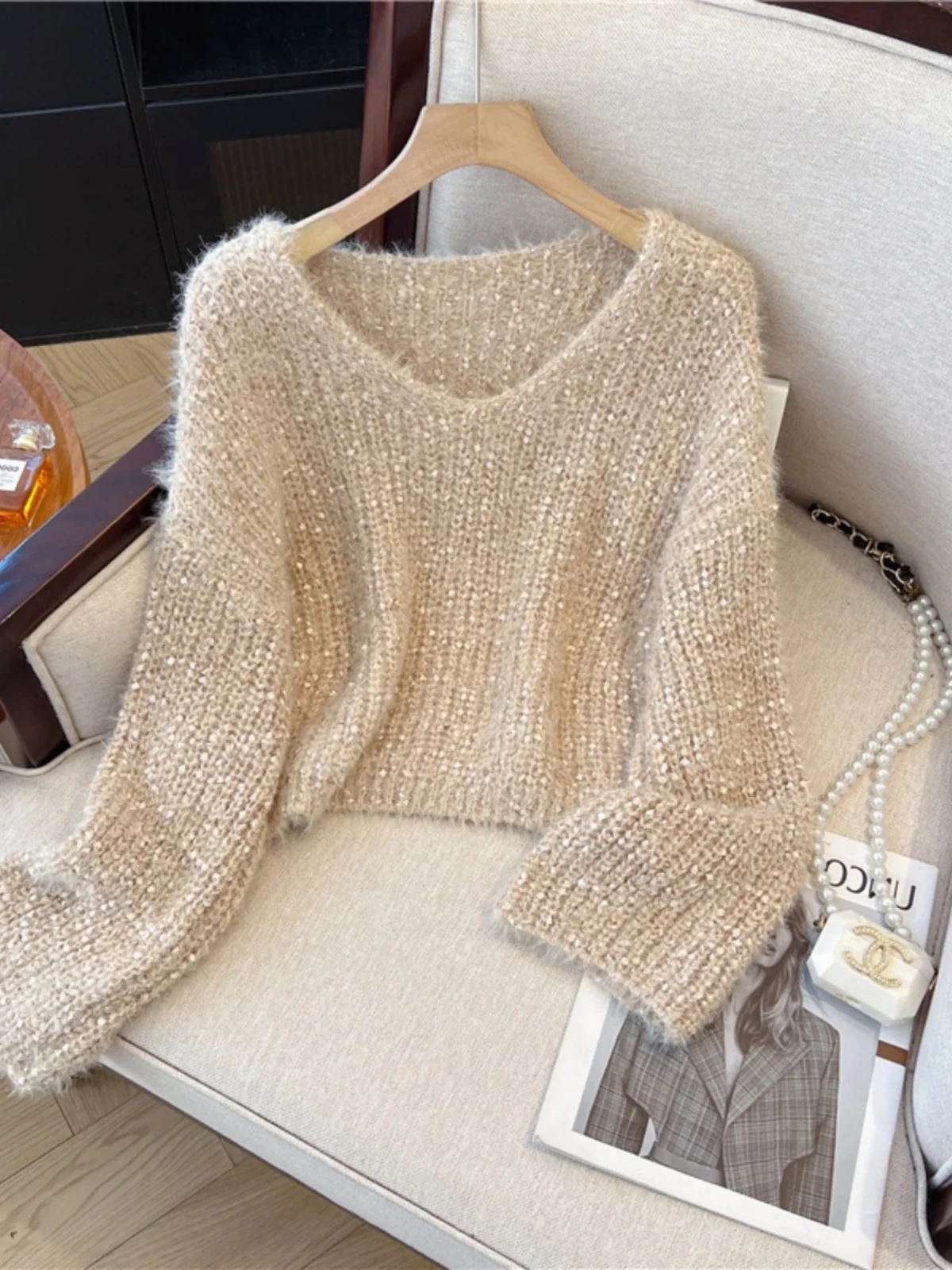 

Soft Cozy V-Neck Knitted Sweater Women's Autumn Winter Loose Short Style Sweet Lolita Fashion Polyester Fiber Long Sleeve Top