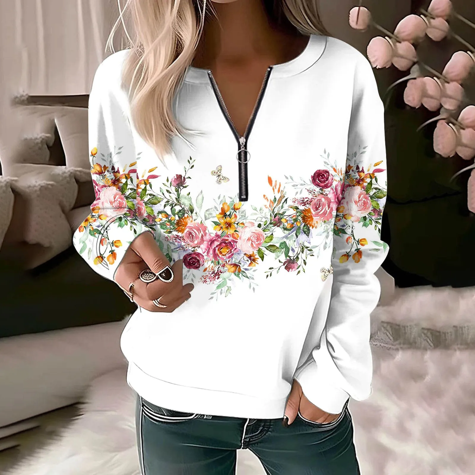 

Fall Sweat Shirts Women Casual Long Sleeve Half Zipper Up Sweatshirt Crew Neck Lightweight Floral Ladies Pullover Tunics