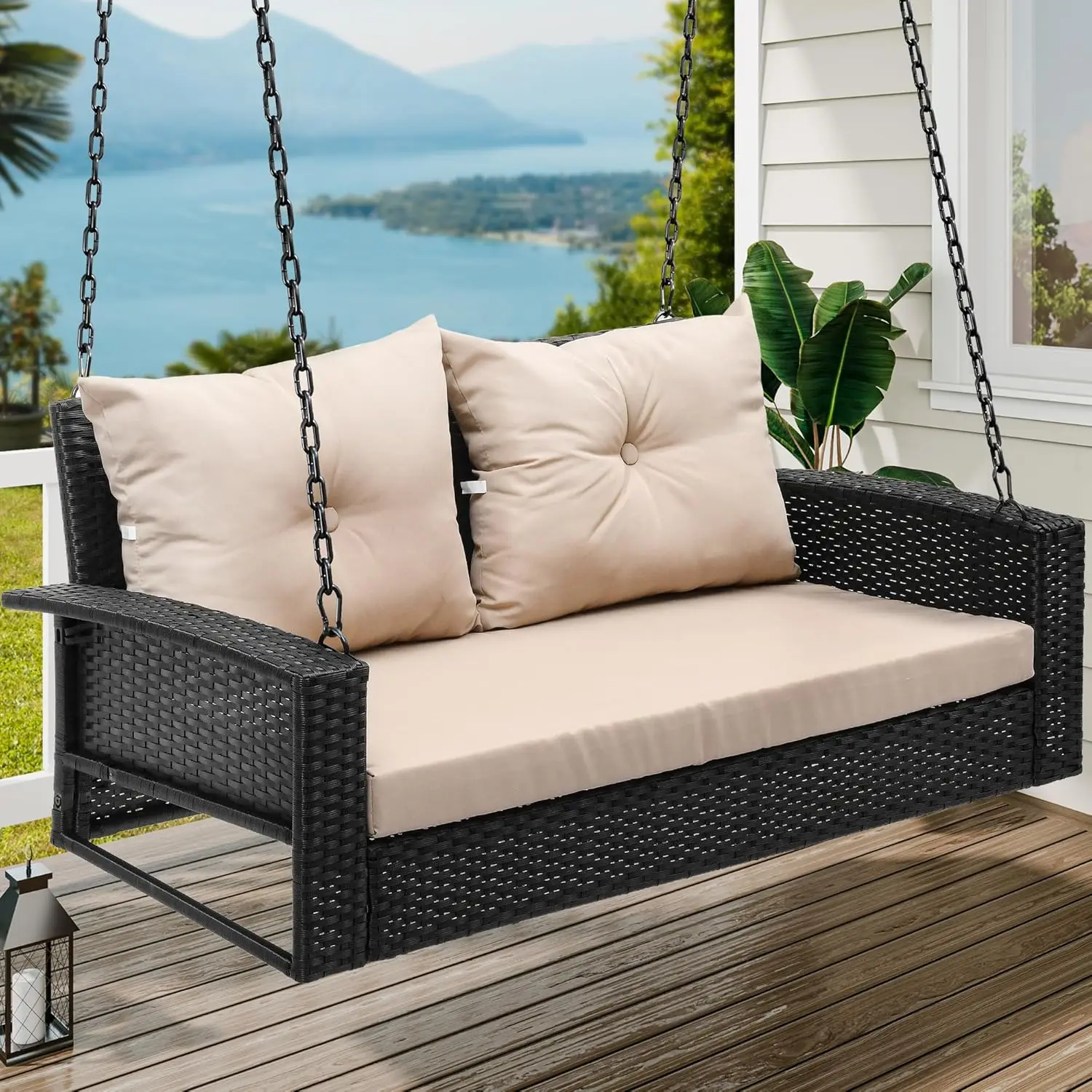 

Wicker Hanging Porch Swing Chair 2-Seats Outdoor Black Rattan Patio Swing Lounge w/ 2 Back Cushions Capacity 530lbs