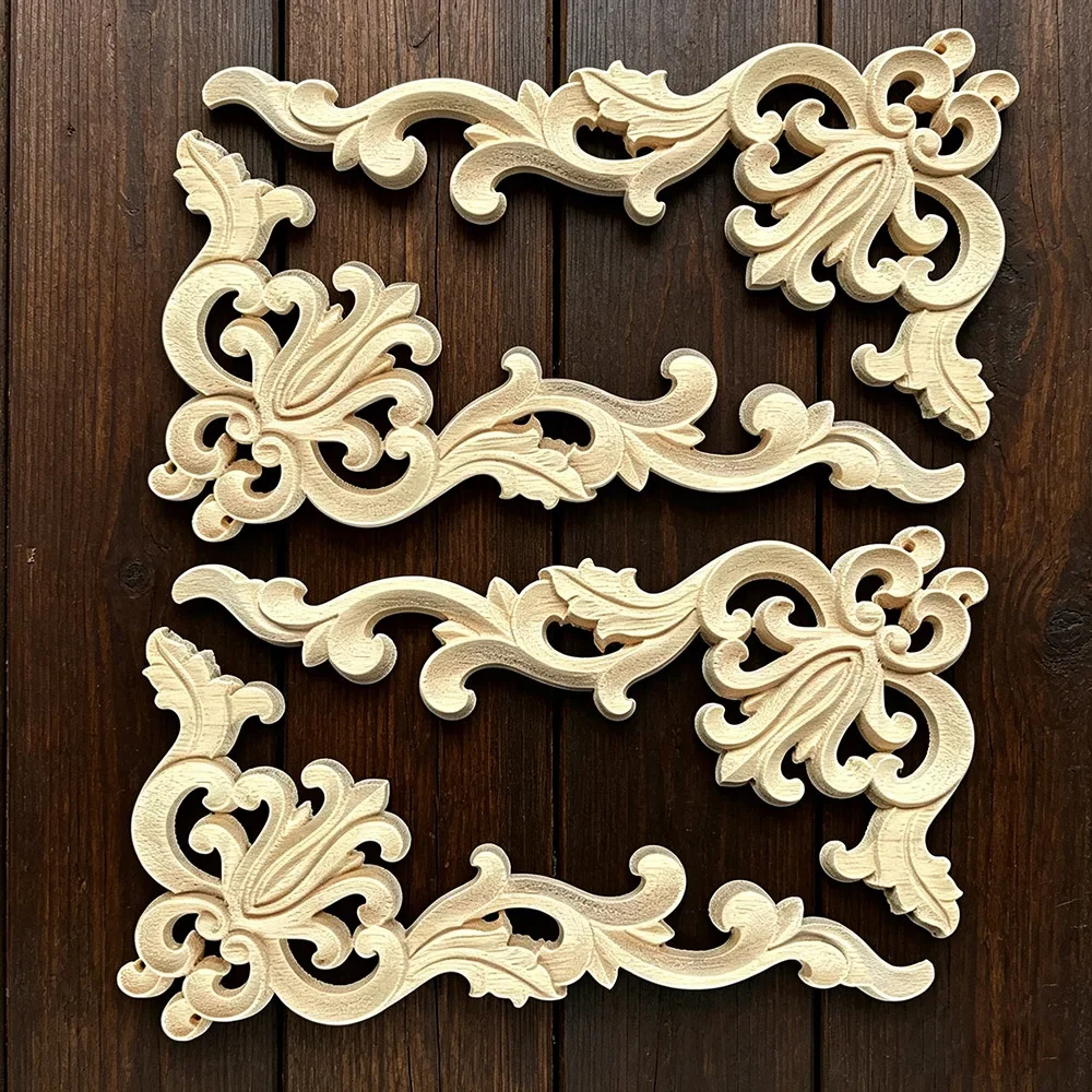 4PCS Woodcarving Corner Decal Unpainted Wood Carved Decal Corner Onlay Applique Frame Home Furniture Cabinet Door Decor Craft