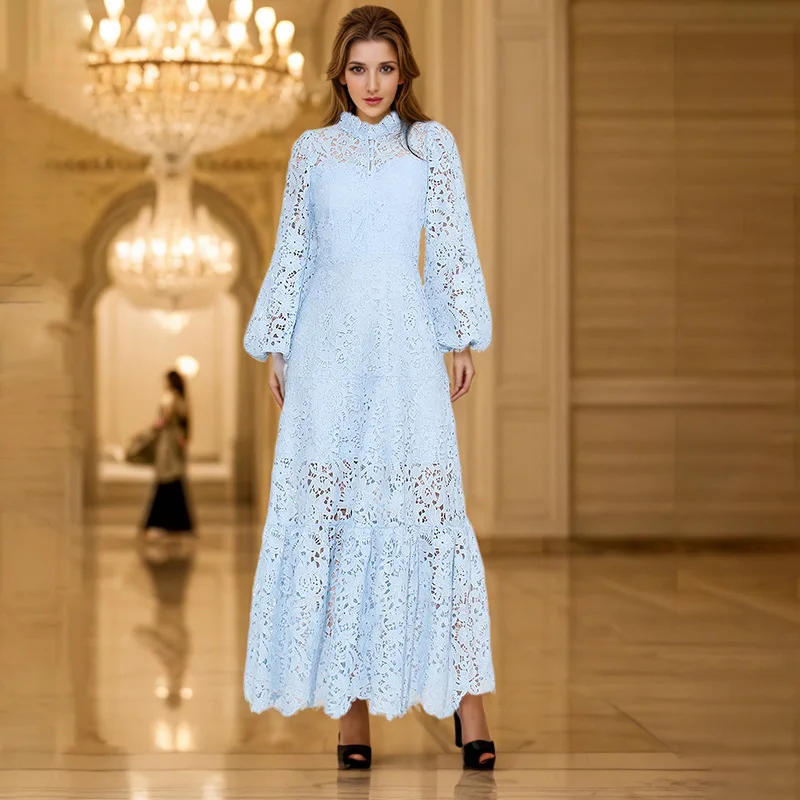 

French retro stand-up collar heavy industry embroidery lantern sleeves waist high-end dress fashionable simple luxury temperamen