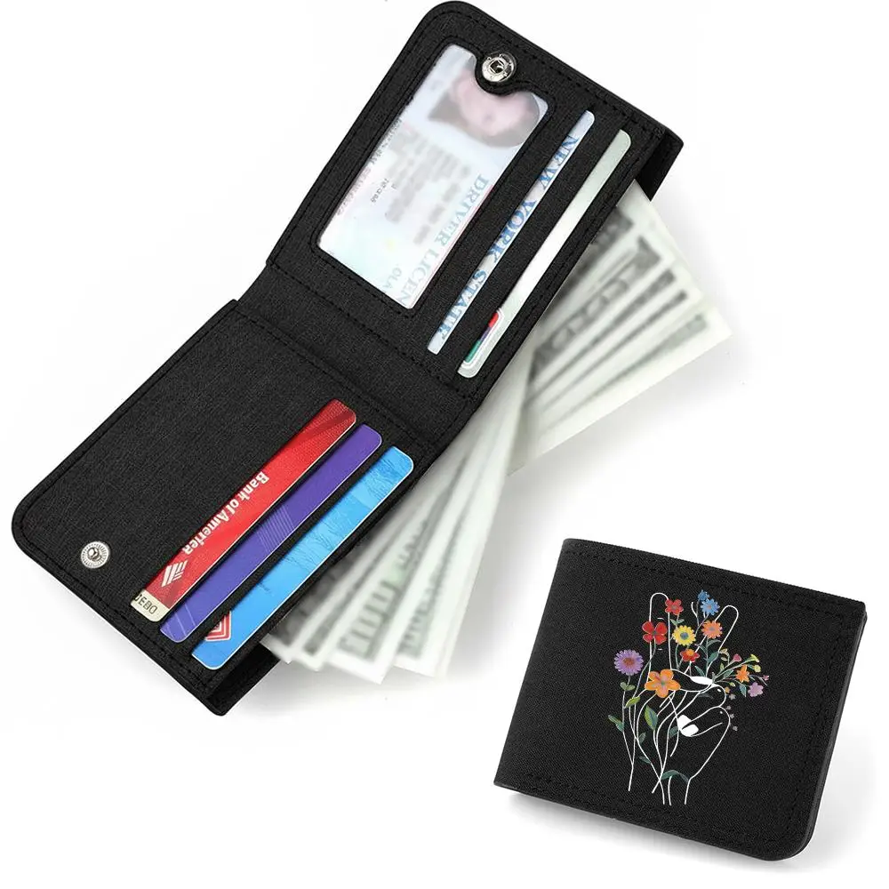 Butterfly Flower Print Canvas Boy Girl Kids Wallet Black Card Holder Male Money Bag Bank Holder Short Purse Credit Card Case Bag