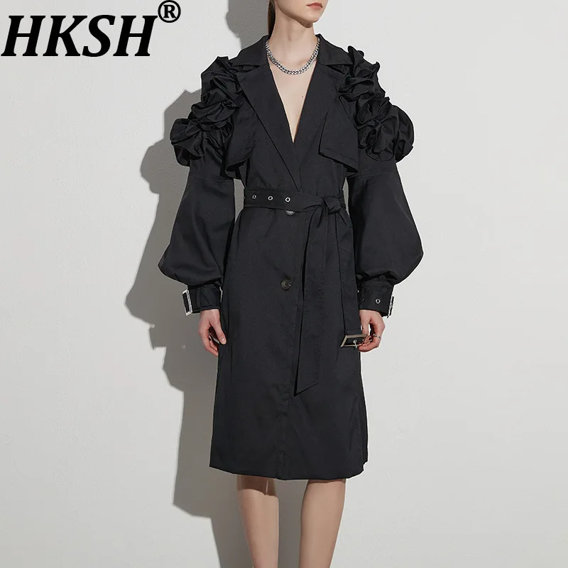 

HKSH Spring Autumn New Women Trench Coat Pleated Patchwork Puff Sleeves Belt Solid Color Elegant Fashion Ins Long Jacket HK16261