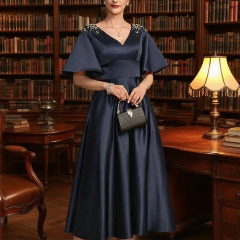 

Sequined Sexy elegant Mother of the bride Navy Blue Dress V-neck Beading Sequined short Sleeve Tea-length Dress Customized