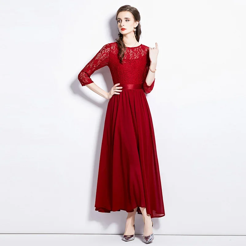 Robe trapèze en dentelle creuse pour femmes, épissage mince, grande robe rouge, vêtements d'été, automne