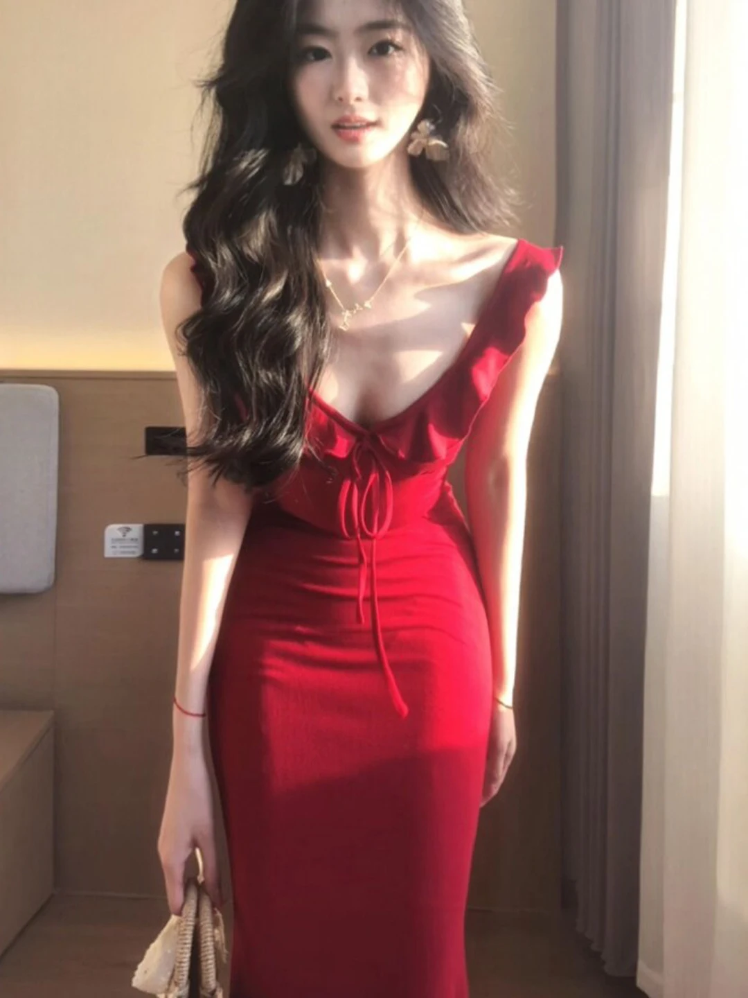 

Unique Beautiful Red Slim Fit Wrap around Strap Long Dress Holiday Style Beach Photo Ready Summer Cotton Midi Skirt Dress