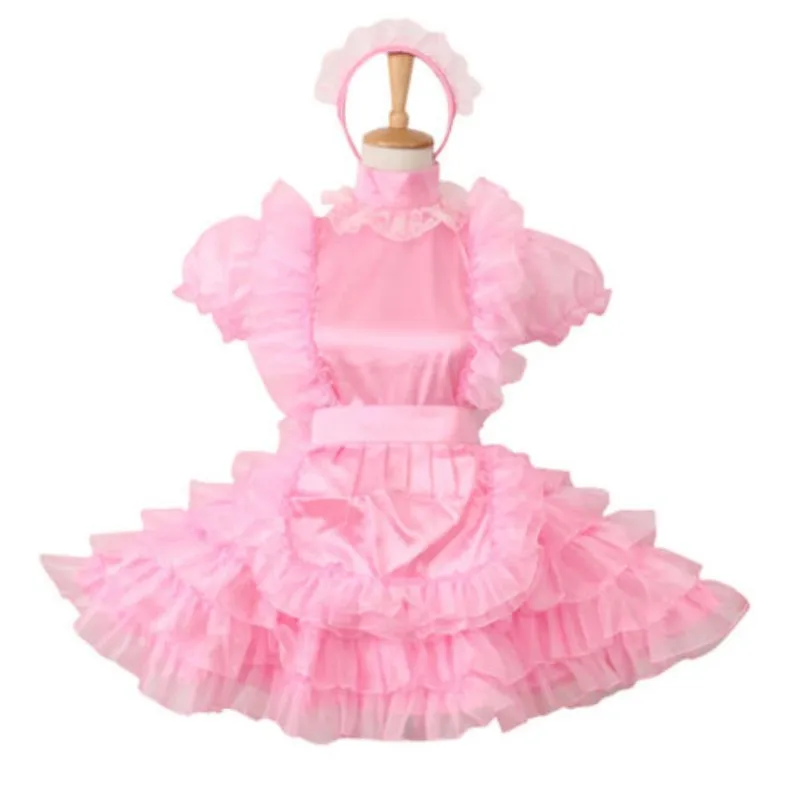 

Sexy sissy French maid pink satin short sleeved lockable multi-layer lace ruffled dress maid cosplay costume customizable