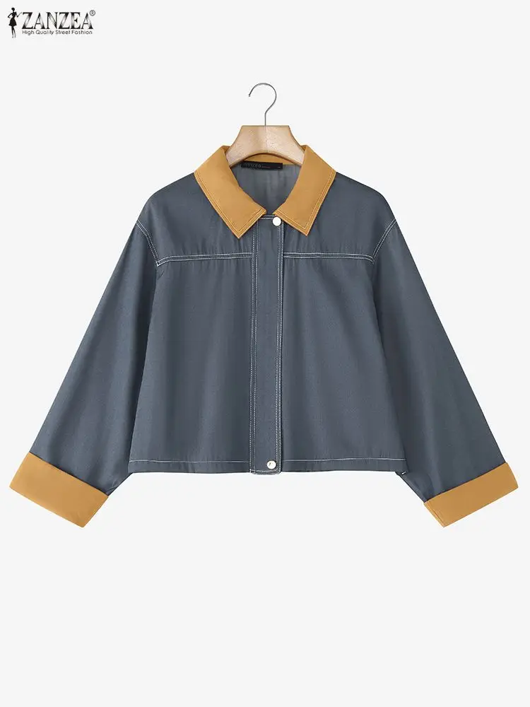 

ZANZEA Women Color Blocked Jackets Spring 2026 Fashion Long Sleeve Turn-Down Collar Contrast-Stitch Coats Casual Woman Outerwear