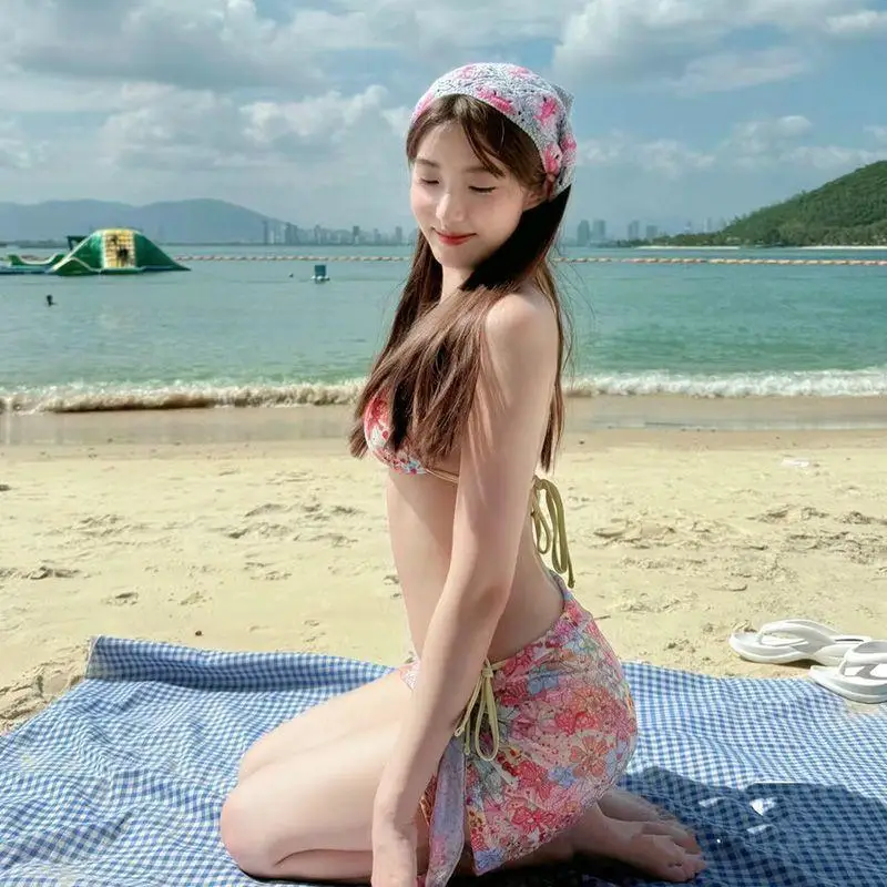 Sanrio Hot Bikini Set Hello Kitty Bikini Floral Bikini Sexy Three-Piece Suit Vacation Style Swimsuit Dopamine Bikini Wrap Skirt