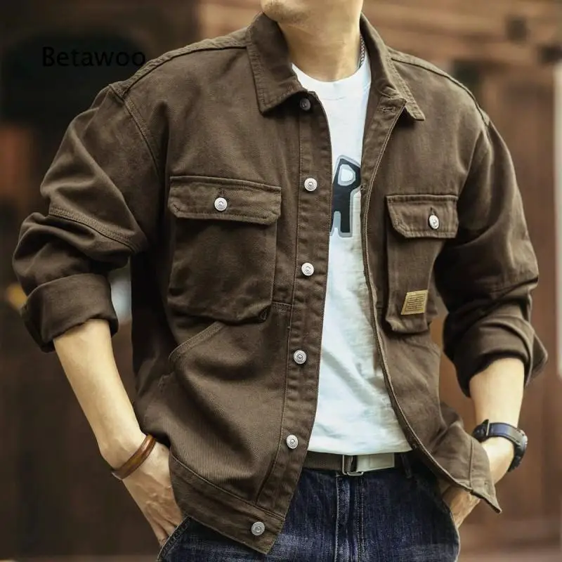 Men Lapel Button Up Cargo Jacket Multi Pockets Long Sleeve Outerwear for Street Daily Casual Work Wear