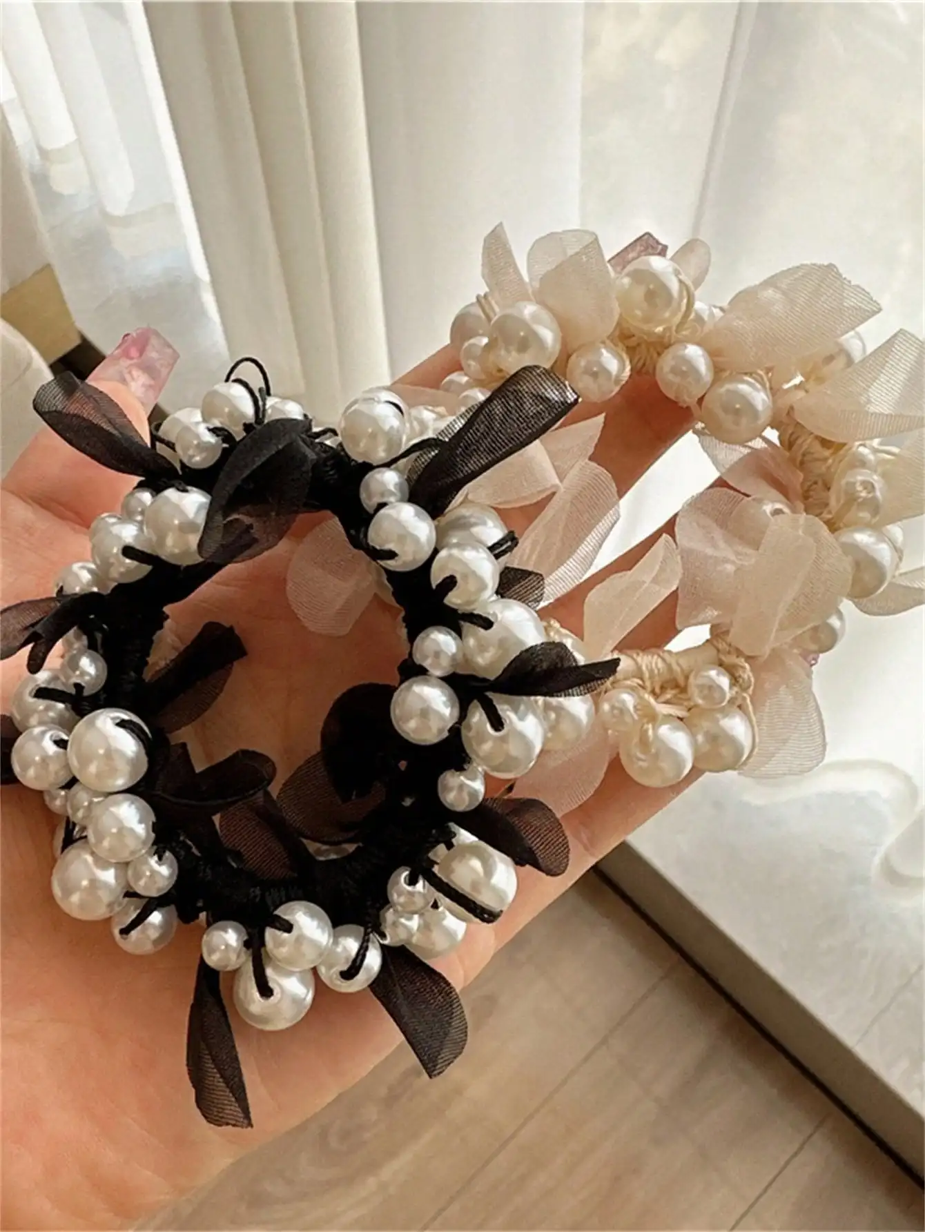 1 women\'s summer new temperament pearl scrunchie hair string bun hair band headdress