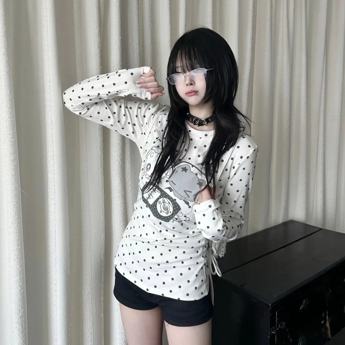 

Y2K Aesthetic Punk Otaku-style Music Notes Polka Dots Long Sleeves T-shirt Women Spring Autumn New Y2K Slim O-neck Top Shirts
