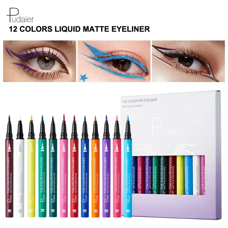 

Pudaier 12 Colors Matte Eyeliner Pencil Set Glitter Makeup Waterproof Colorful Liquid Crystal Diamond Eye Liner Pen Gel Cosmetic