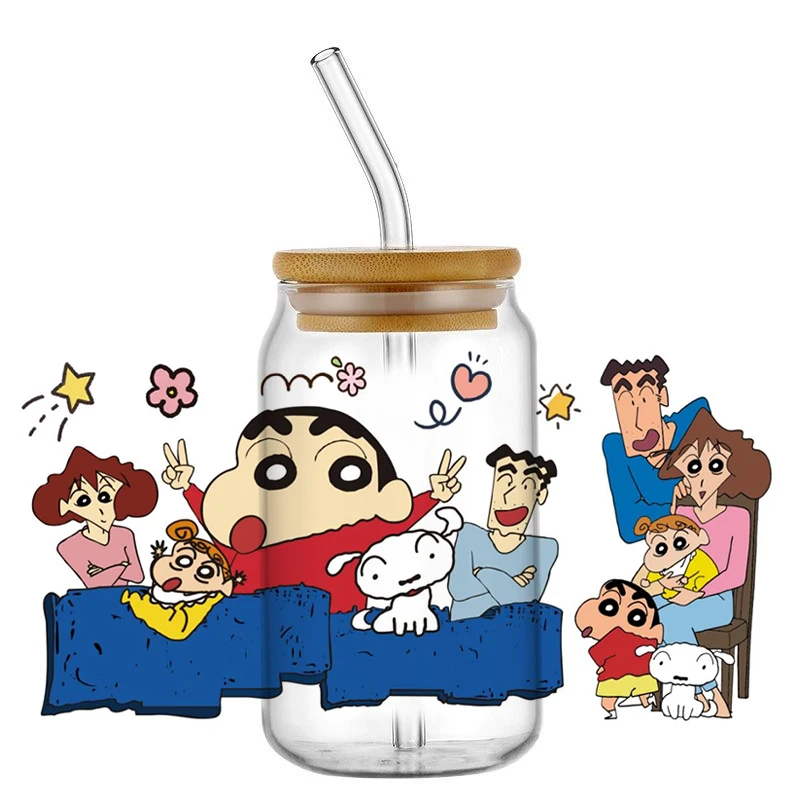 Miniso Japanese Cartoon Boy UV DTF Cup Wrap for 16oz Libbey DIY Crayon Shin-chan Decal Washable Mug Transfer Sticker