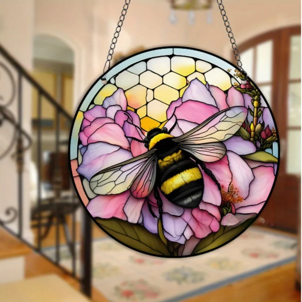 Round Acrylic Bee Honey Pattern Hanging Decoration Suitable for Window Doorway Wall Car Gift Pendant