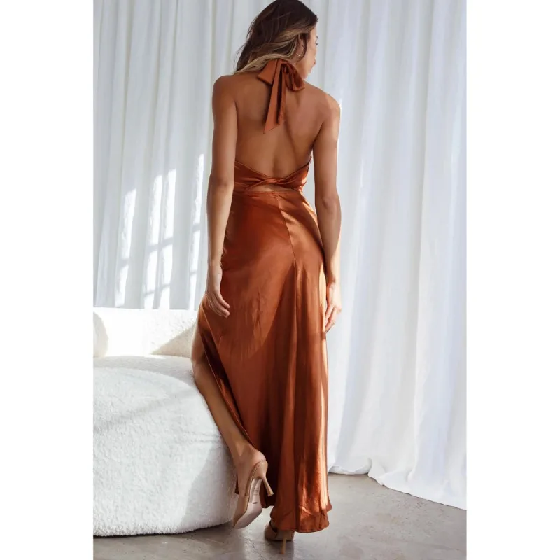 Elegant Solid Satin Sexy Club Dress Women Halter Neck Open Back Split Party Dress Slim High Waist Backless Evening Dresses 28310