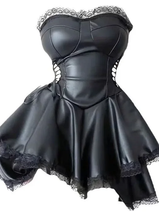 Pure Desire Style Spicy Girl Sweet Cool Strapless Waist Cinching Design Lace Leather Dress Elegant Sweet Bandage Mini Dress