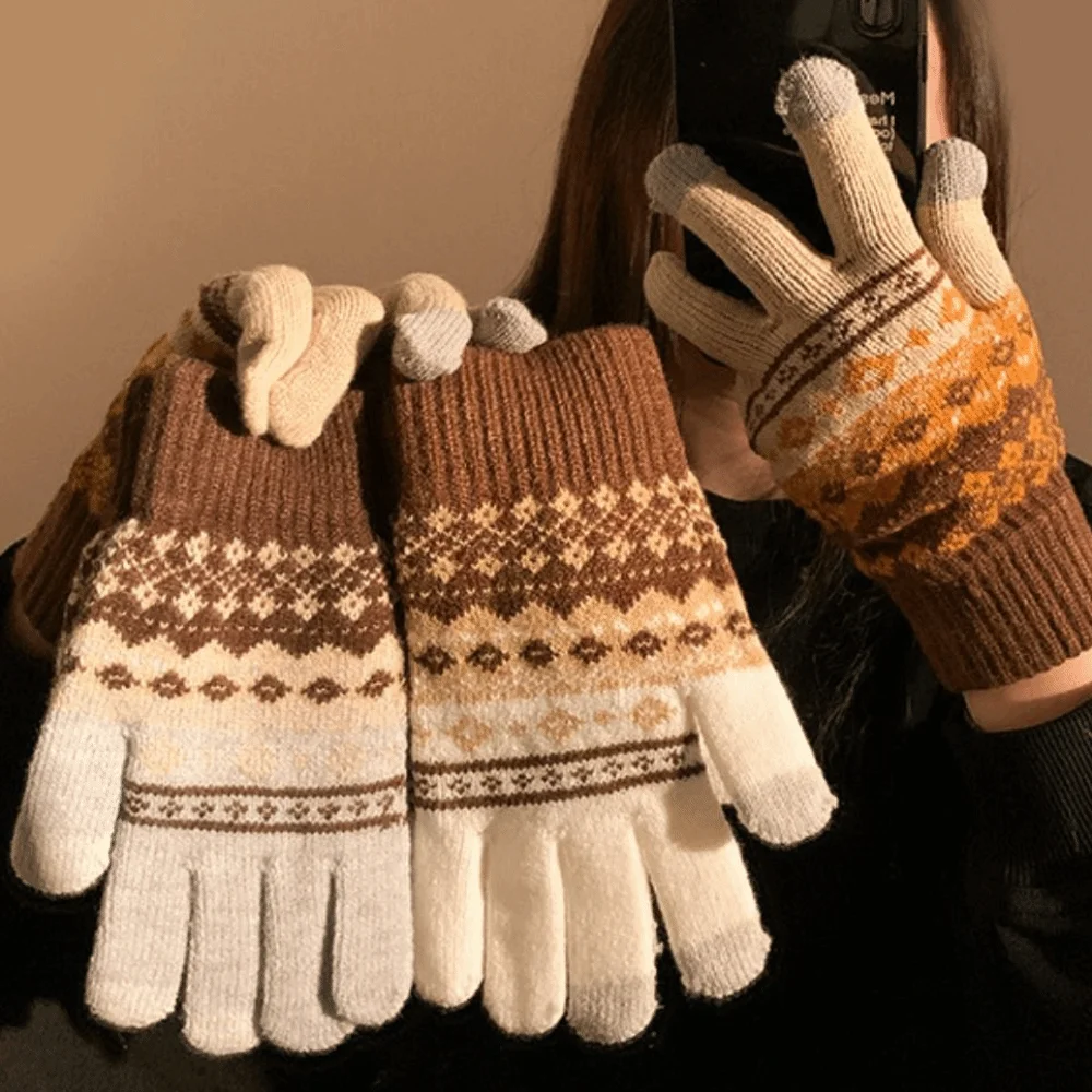 

Fair Island Style Winter Knitted Gloves Soft Thick Printed Wool Gloves Waterproof Korean Style Women Cycling Mittens Autumn