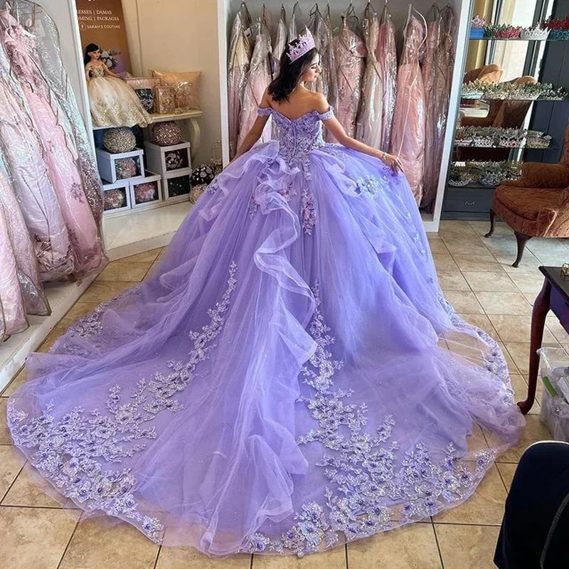 Glinsterende Lavendel Baljurk Quinceanera Jurk Kant Applicaties Kralen Pailletten Sweet 16 Prinses Partij Vestidos De 15 Anos